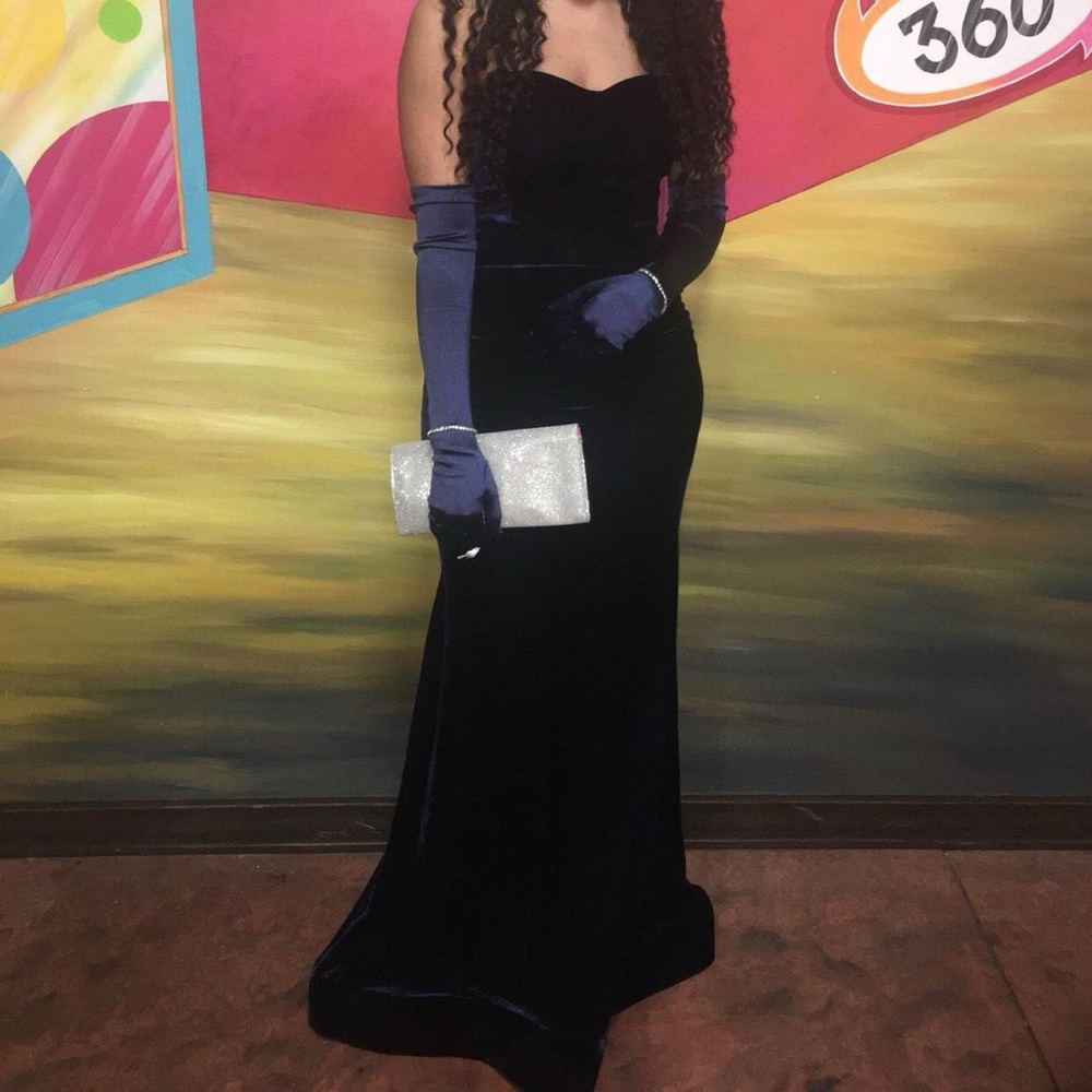 Blue Strapless Long Sleeve Prom Gown